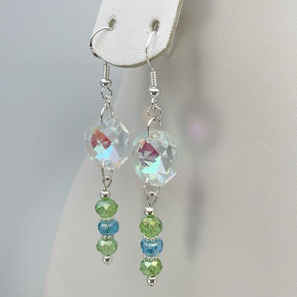 Sterling Silver Plated White AB Green Blue Glass Beaded Dangle Earrings Unique - Picture 4 of 7